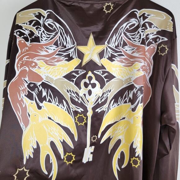 Jinzu Mens Y2K Birds Key Graphic Art Embroidered Bomber Jacket size XL Brown AOP - Picture 9 of 13